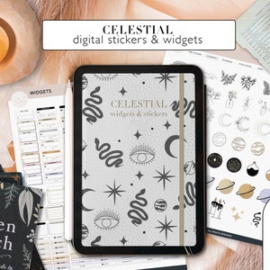 May include: A digital planner with a white background and black celestial designs, including stars, moons, eyes, and snakes. The text "CELESTIAL widgets & stickers" is displayed on the planner. The planner is surrounded by other digital stickers and widgets, including planets, stars, and candles.