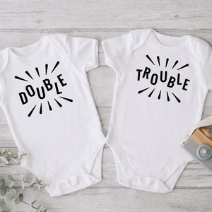 Double Trouble Set of 2 Onesies®, Funny Twin Baby Onesies®, Matching Twin Onesies®, Funny Twin Baby Gift Onesies®, Baby Shower Gift for Twin