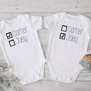 Personalized Name Set of 2 Twin Onesie®, Matching Twin Onesie®, Check Box Name Twin Onesie®, Funny Twin Onesie®, Baby Shower Gift for Twins