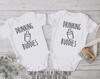 Drinking Buddies Twin Baby Onesie®, Funny Twin Drinking Onesie®, Funny Twin Baby Gift Onesie®, Matching Twin Onesie®, Sold as Single Onesie®