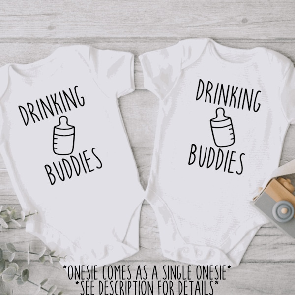 Drinking Buddies Twin Baby Onesie®, Funny Twin Drinking Onesie®, Funny Twin Baby Gift Onesie®, Matching Twin Onesie®, Sold as Single Onesie®