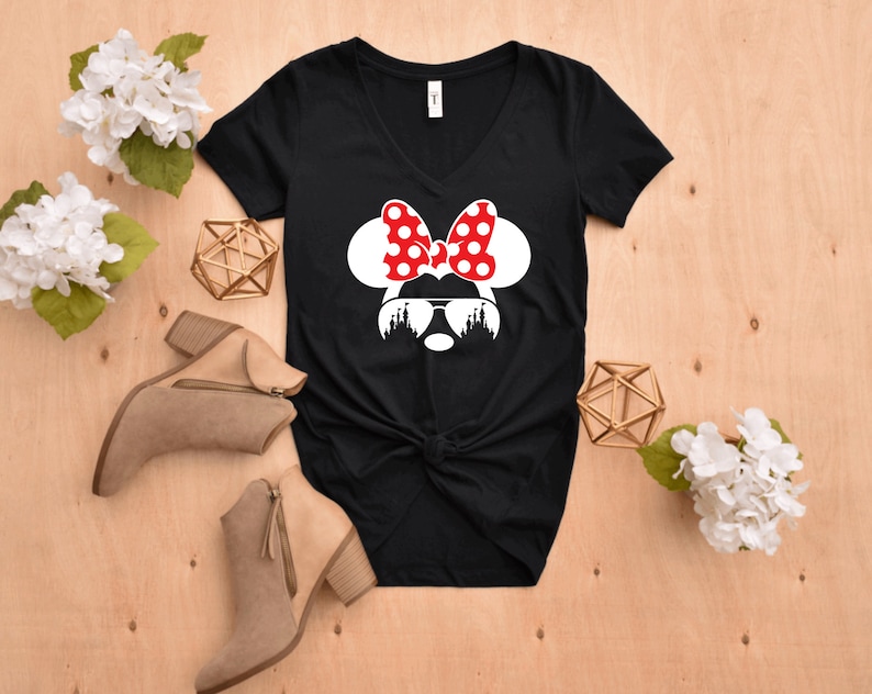 Minnie Mouse Wearing Sunglasses Shirt Women/'s Disney Vacation Shirt Minnie Mouse V-Neck Minnie Bow Shirt Minnie Mouse Castle Shirt
