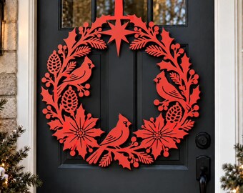 Red Christmas Wreath with Bells and Poinsettia, Festive Door Sign,  Metallic X-mas Outdoor Decor