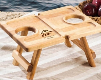 Folding Leg Picnic Table, Portable Wine Table or Charcuterie Board, Personalized Gift, Wine Caddy