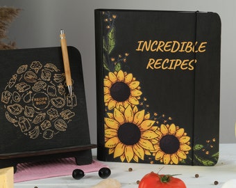 Sunflower recipe book to write in Recipe binder with stand Family cookbook Blank recipe book & holder Wooden recipe journal Mothers day gift