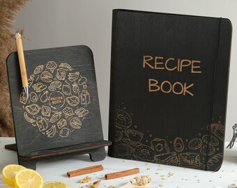 Zwarte houten receptenmap met houder Familie blanco receptenboek om in kookboek te schrijven Cadeau voor oma Moeder cadeau Cadeaus voor kookliefhebbers