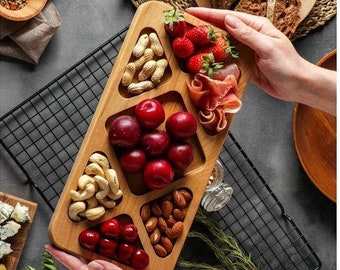 Wood divided snack plate with compartments, Personalized brunch board, Custom fruit veggie platter, Breakfast plate with sections