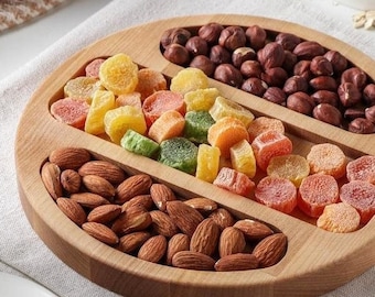 Cute Round Serving Tray with 3 Sections, Engraved Wooden Snack Plate, Candy Nuts Platter, Wooden Snack Plate, Cute Table Decor