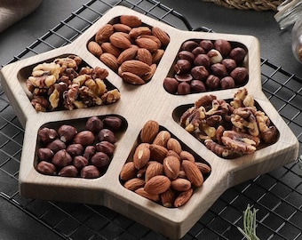 Bandeja de madera para frutos secos personalizada, bandeja para servir grabada, plato cuadrado para aperitivos con 5 secciones, regalo personalizado