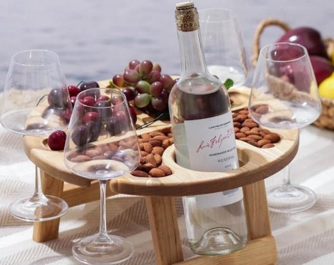 Portable Wine Table or Charcuterie Board, Wine Picnic Table, Cheese Holder Tray, Folding Portable Outdoor Wine Glasses & Bottle