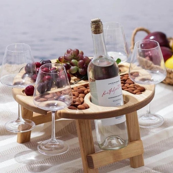 Cadeaux personnalisés vin, Table de pique-nique à vin pliante en bois, Cadeau pour amateur de vin, Divertissements en plein air, Meubles de terrasse portables, Caddy à vin