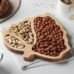 Leaf shaped appetizer plate prsonalized Nut and fruit wooden tray Divided serving plate three sections New home gift Snack platter