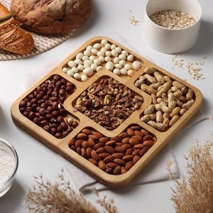 Wooden Nut Tray Personalized, Engraved Serving Platter, Square Appetizer Board, Snack Plate with 5 Sections, Gift for Dad, Gift for Host