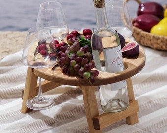 Picnic table personalized, Romantic gift, Portable wine table, Wooden folding bed tray, Outdoor entertaining, Gift for him or her