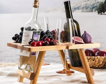 Personalized wine picnic table, Custom wine gifts, Beach wine caddy, Wooden bed tray, Portable folding wine table, Outdoor entertaining