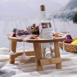 Mesa de picnic para disfrutar, mesa para fiestas de vino, soporte de madera para vino, mesa plegable y portátil para 4 copas y botella, regalo romántico de aniversario.