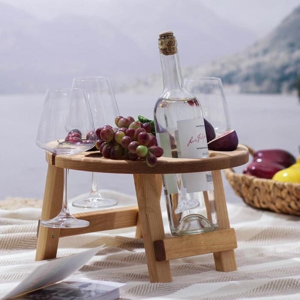 Folding wine table outdoor, Wooden picnic or beach table, Wood portable bottle and glass holder, Champagne stand, Best friend gift