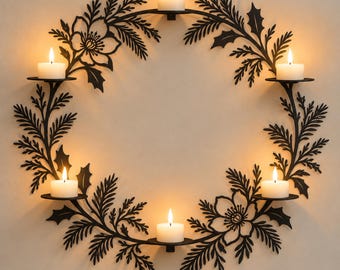 Christmas Candle Holder Wreath, Metal Wall Art for Seasonal Decorating, Festive Winter Home Decor