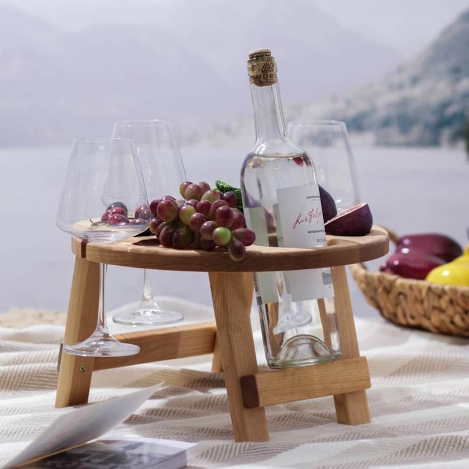Wine Picnic Table, Portable Folding, 13.8" Oak Outdoor Wine Table ...