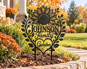 Sunflower Garden Sign, Custom Family Name Metal Yard Stake, Outdoor Garden Decor