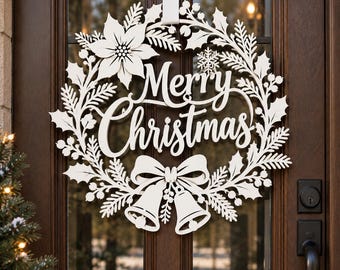 Metal Christmas Door Sign, Holiday Wreath with Bells and Poinsettia, Festive Winter Home Decoration