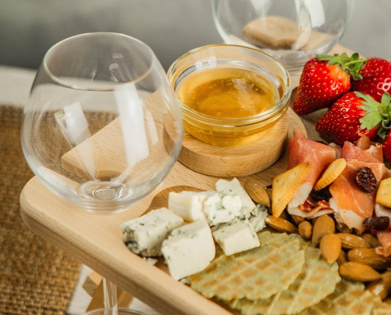 Wine and Cheese Portable Table, Wine Glass Holders Wood, Serving Picnic Table, Wine Gift, Personalized Gift, Wine Lover Gift image 5