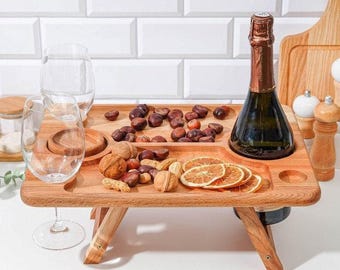 Wooden Wine Picnic Table, Folding Outdoor Wine Table for Picnic, Wine Lover Gift