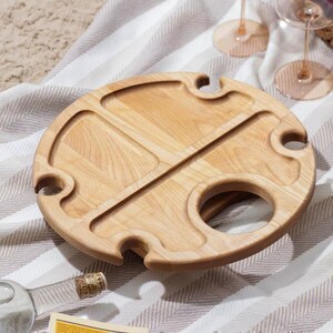 Entertaining Picnic Table, Wine Party Table, Wood Wine Stand, Folding Portable Wine Table for 4 Glasses & Bottle, Anniversary Romantic Gift image 6