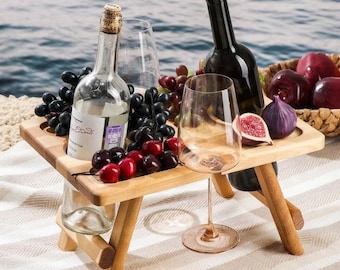 Outdoor Wine Table, Personalized Wine Accessories, Portable Folding Picnic Table, Wood Wine Caddy, Christmas Gift For Him, Romantic Gift