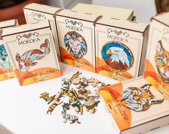 Wooden Puzzle in Shape of Animals, Shaped Jigsaw in a Box, Wild Animal Image Game as a Gift