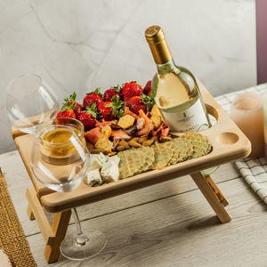 Wine and Cheese Portable Table, Wine Glass Holders Wood, Serving Picnic Table, Wine Gift, Personalized Gift, Wine Lover Gift image 1