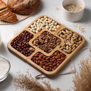 May include: A square wooden serving tray with five compartments filled with various snacks. The centre holds walnut pieces, surrounded by sections containing white chocolate-covered candies, whole hazelnuts, almonds, and peanuts in their shells.