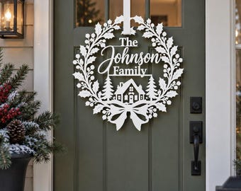 Christmas Door Wreath in Metal, Personalized Front Door Decoration, Winter Holiday Home Entrance Decor