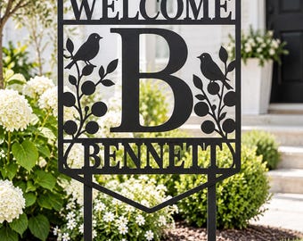 Welcome Sign, Metal Family Monogram Yard Stake, Outdoor Sign, Front Porch House Sign