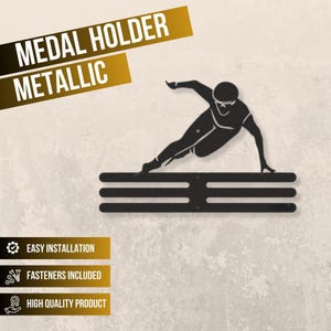 May include: A black metallic medal holder featuring a silhouette of a speed skater in a racing pose. The design includes three horizontal bars for hanging medals. Text on the image reads MEDAL HOLDER METALLIC, EASY INSTALLATION, FASTENERS INCLUDED, and HIGH QUALITY PRODUCT.