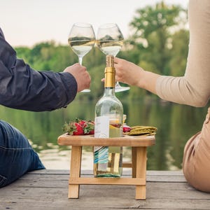 Wine and Cheese Portable Table, Wine Glass Holders Wood, Serving Picnic Table, Wine Gift, Personalized Gift, Wine Lover Gift image 10