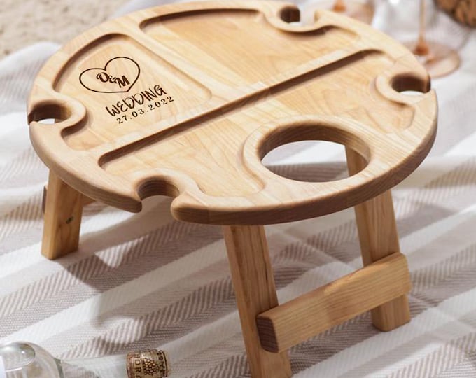Personalized Outdoor Wine Table, Wooden Mini Picnic Table, Charcuterie Board, Portable Wine Caddy, Wine lover gift