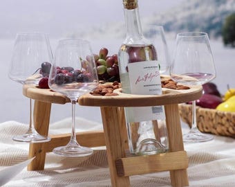 Foldable Wine Picnic Table for 4 Glasses and Bottle, Portable Wooden Wine Holder Stand, Outdoor Serving Tray