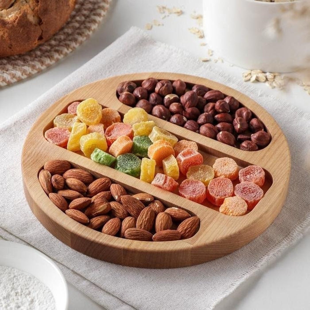 Cute Round Serving Tray, Engraved Wooden Snack Plate, Sectioned