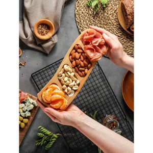 Wooden Plate with 4 Compartments, Serving Dish Organizer, Food Tray, Entertaining Platter, Charcuterie Board, Nuts Appetizer Board, Dad Gift