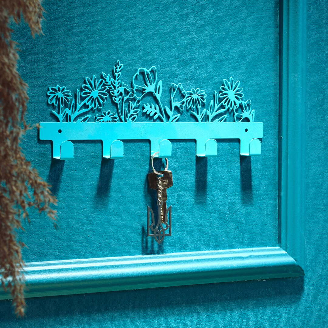 Key Racks Flowetr Blue Flowers Metal Coat Rack, Floral Entryway Accessories, Hallway Wall ...