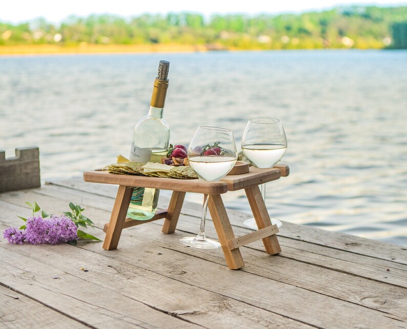 Wine and Cheese Portable Table, Wine Glass Holders Wood, Serving Picnic Table, Wine Gift, Personalized Gift, Wine Lover Gift image 6
