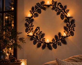 Metal Christmas Wreath Wall Decor, Decorative Holiday Wreath with Candle Holders, Winter Home Decoration