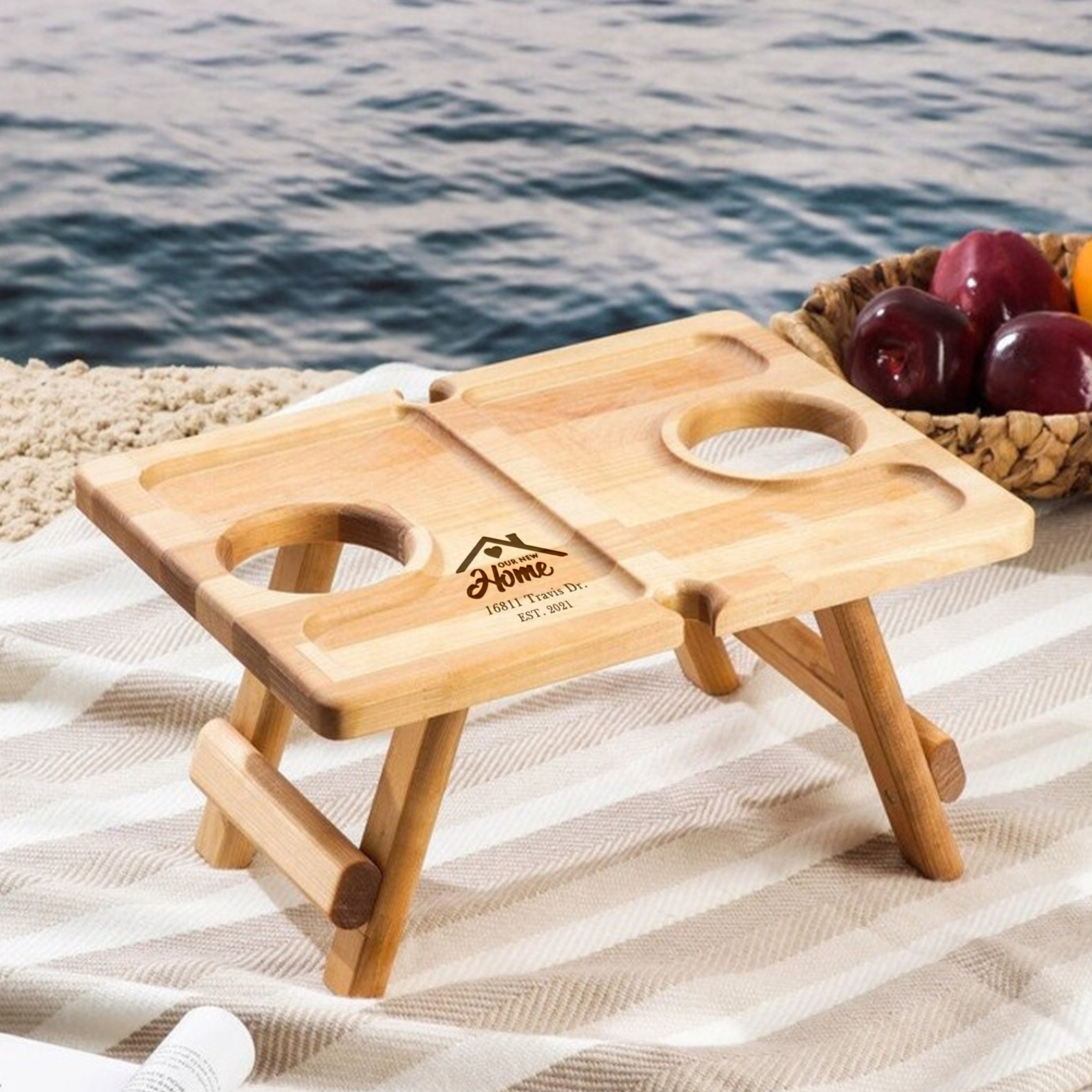 Outdoor-Wein-Picknicktisch Klappbar Mit Weinglashaltern – Inklusive Matte & Tragetasche, Bambus-Abdeckung, 43,2 X 33 Cm