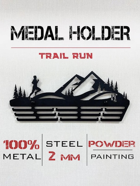 Porta Medaglie Da Parete Per Running - 40x15cm, 12 Ganci, Design Montagna