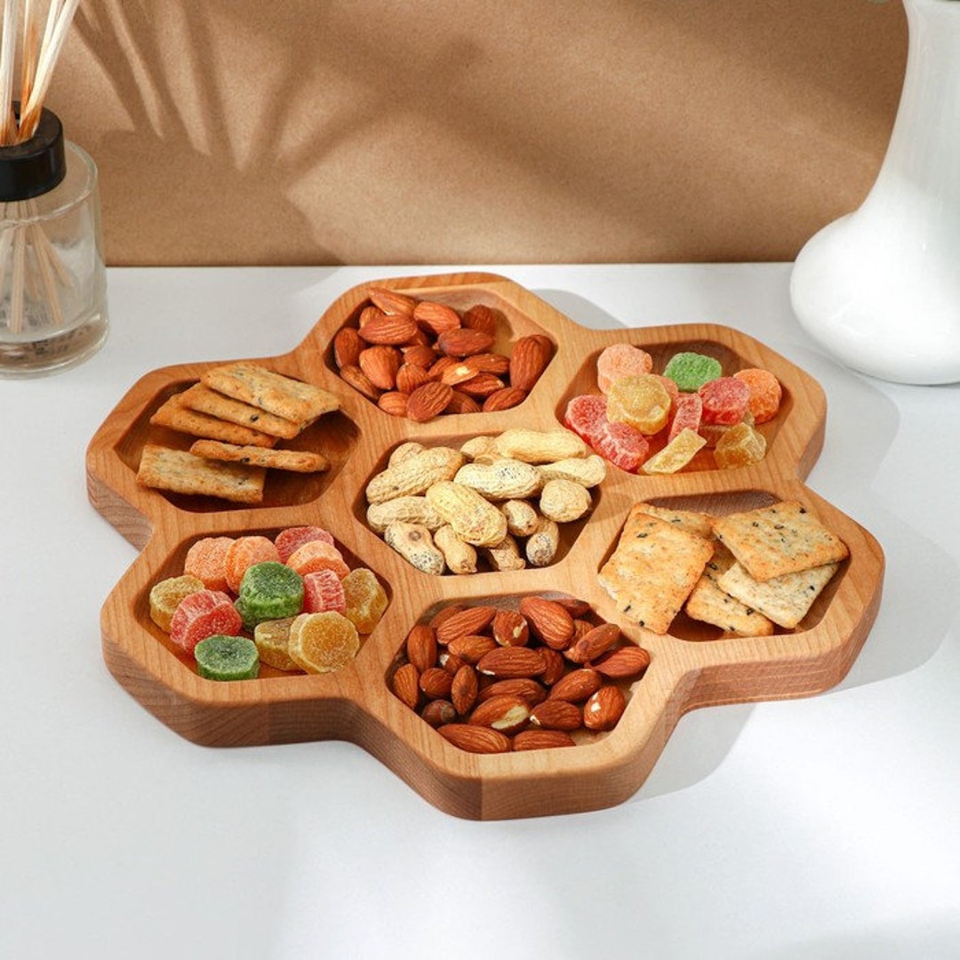 Hexagonal Custom Wooden Divided Tray, Divided Wooden Snack Tray