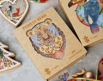 Wooden Forest Bear Puzzle 116 Pieces, Animal Jigsaw for Adults, Laser Cut Wood Brain Teaser Gift