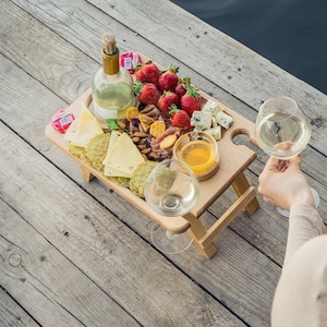 Wine and Cheese Portable Table, Wine Glass Holders Wood, Serving Picnic Table, Wine Gift, Personalized Gift, Wine Lover Gift image 9