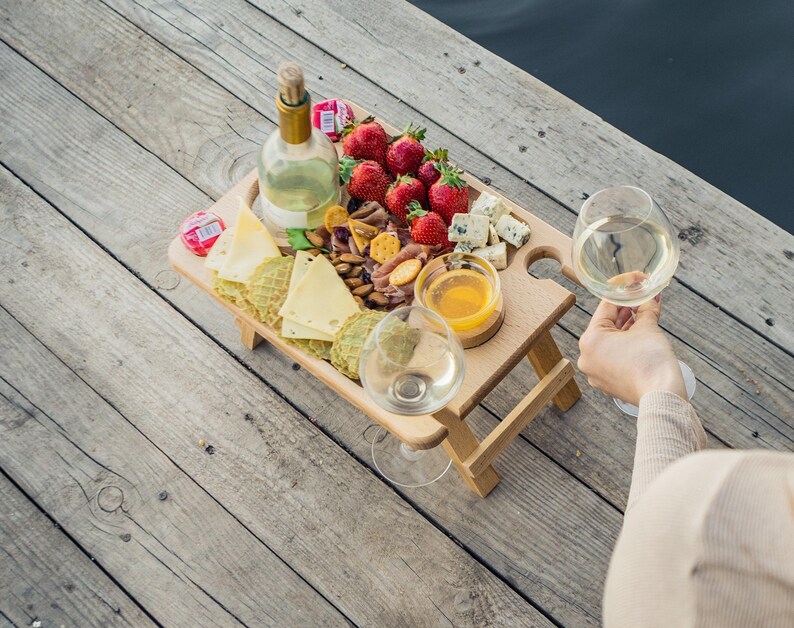 Wine and Cheese Portable Table, Wine Glass Holders Wood, Serving Picnic Table, Wine Gift, Personalized Gift, Wine Lover Gift image 9