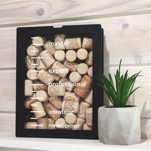 May include: A rectangular black frame filled with natural corks, featuring a white printed scale with the labels newcomer, amateur, professional, expert, and master. Next to the frame sits a small green plant in a gray geometric concrete pot.